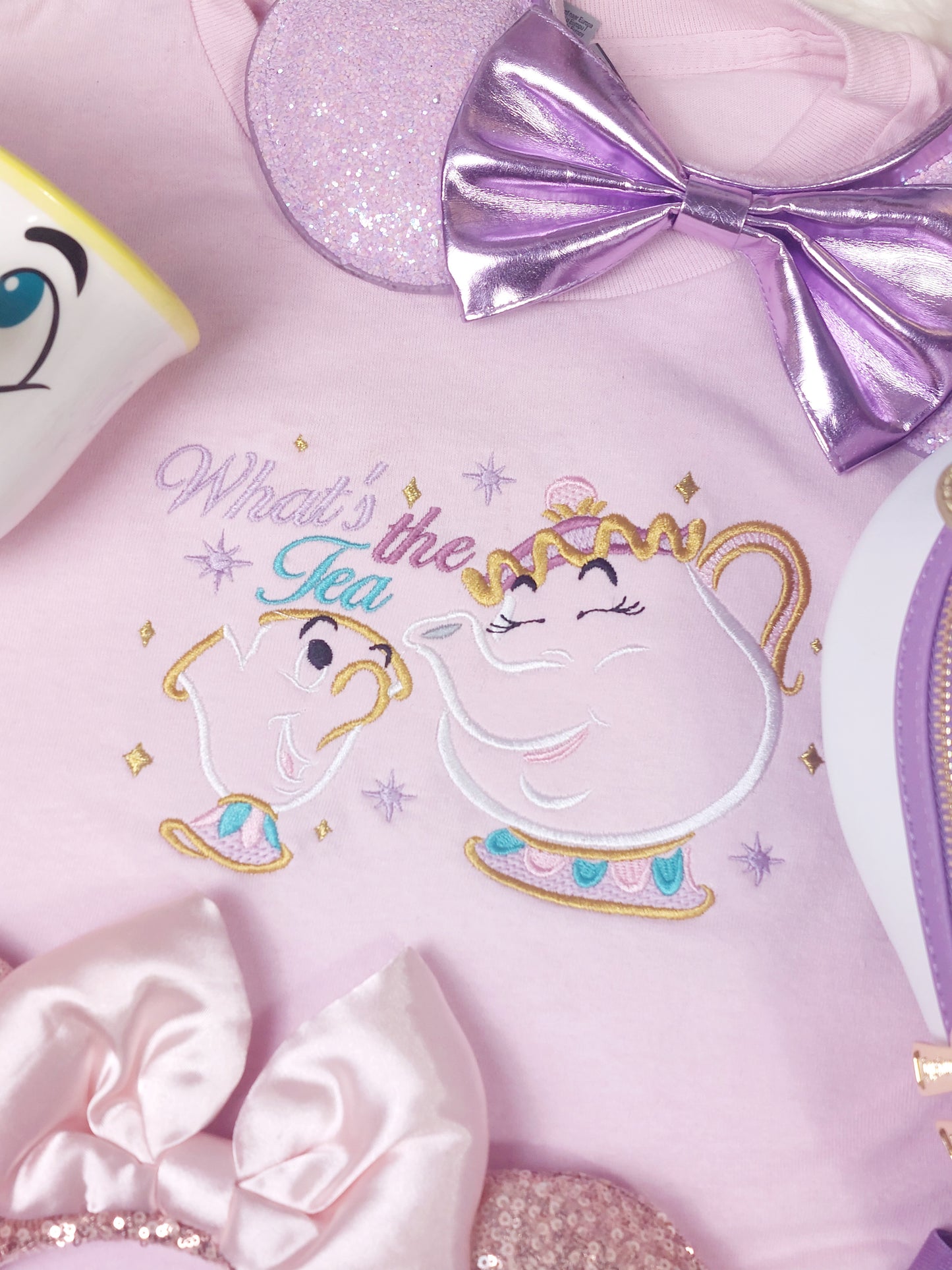 Mrs.Potts and chip what's the tea? embroidered sweatshirt pullover crew
